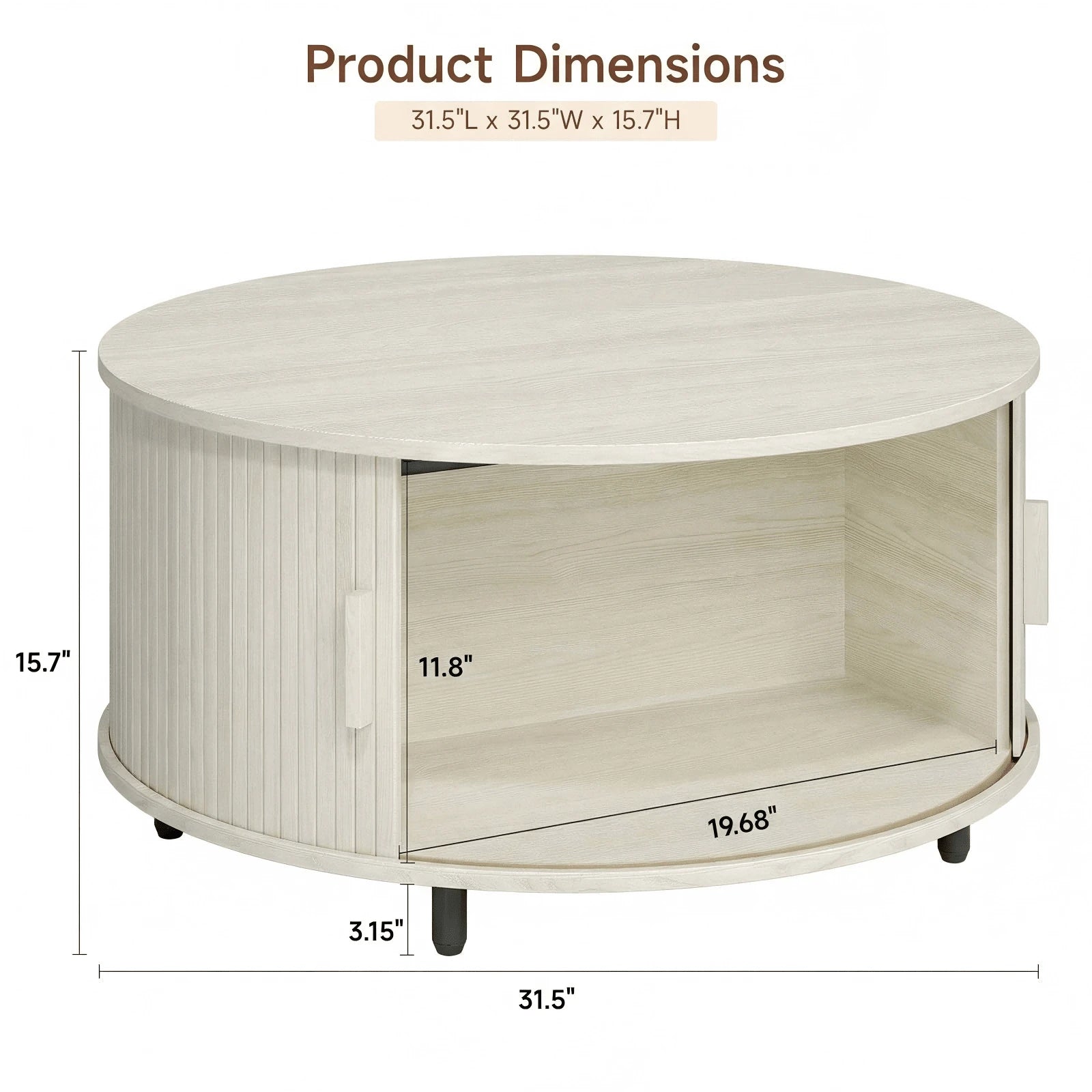 ONBRILL White Round Coffee Table With Storage, 31.5" Coffee Table With 360° Sliding Tambour Door, Fluted Wood Accent Coffee Table With Adjustable Footpads, Mid Century Modern Round Center Table For Li