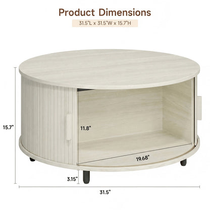 ONBRILL White Round Coffee Table With Storage, 31.5" Coffee Table With 360° Sliding Tambour Door, Fluted Wood Accent Coffee Table With Adjustable Footpads, Mid Century Modern Round Center Table For Li