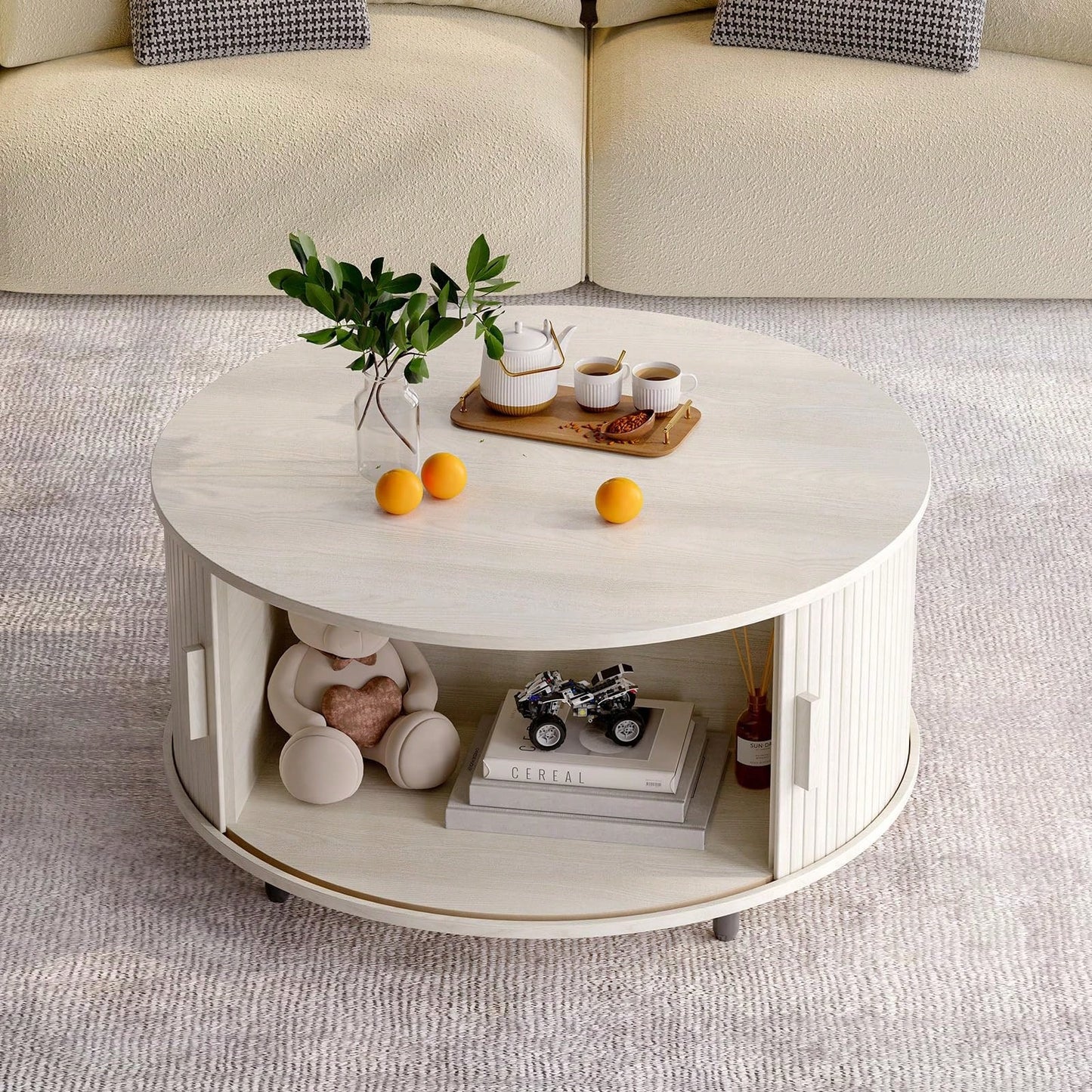 ONBRILL White Round Coffee Table With Storage, 31.5" Coffee Table With 360° Sliding Tambour Door, Fluted Wood Accent Coffee Table With Adjustable Footpads, Mid Century Modern Round Center Table For Li