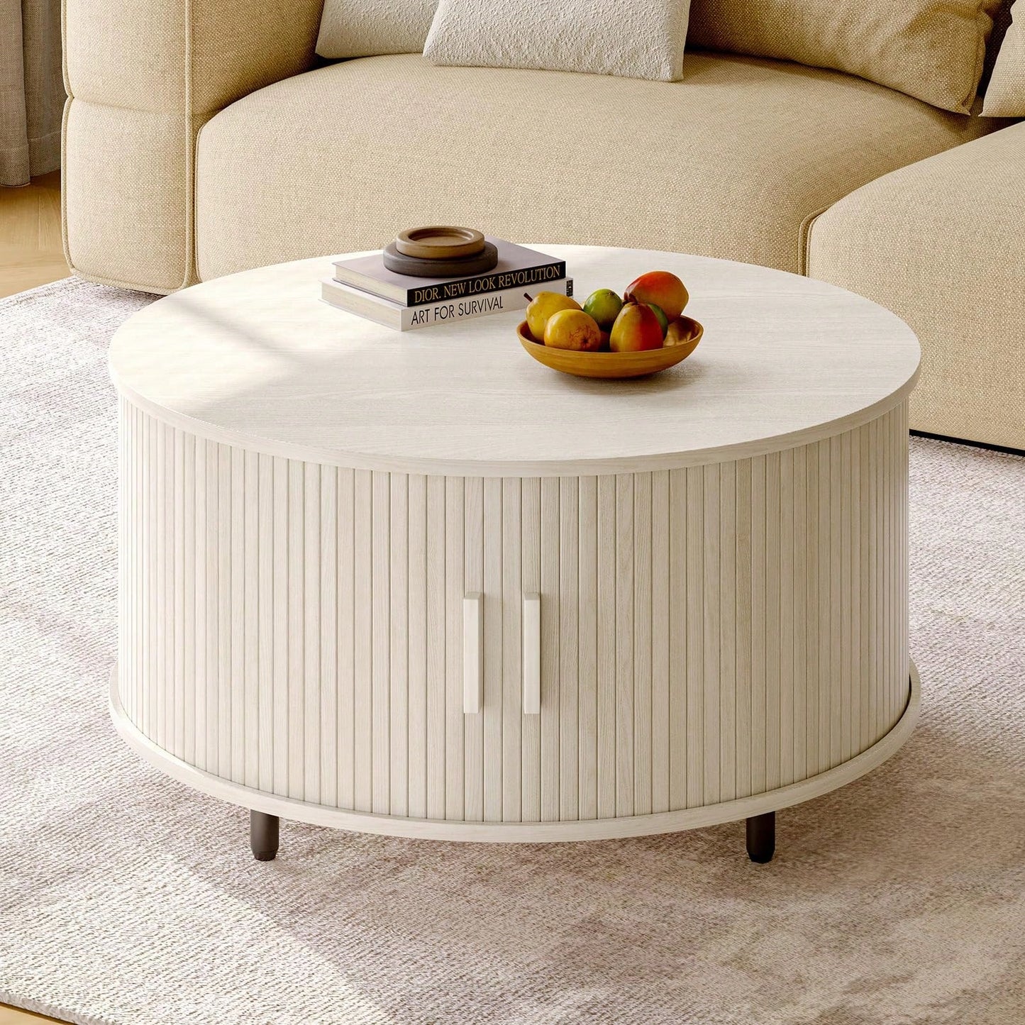 ONBRILL White Round Coffee Table With Storage, 31.5" Coffee Table With 360° Sliding Tambour Door, Fluted Wood Accent Coffee Table With Adjustable Footpads, Mid Century Modern Round Center Table For Li