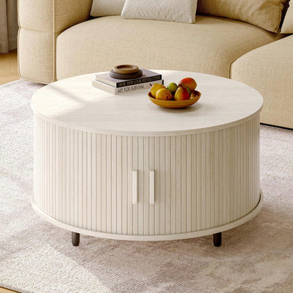 ONBRILL White Round Coffee Table With Storage, 31.5" Coffee Table With 360° Sliding Tambour Door, Fluted Wood Accent Coffee Table With Adjustable Footpads, Mid Century Modern Round Center Table For Li