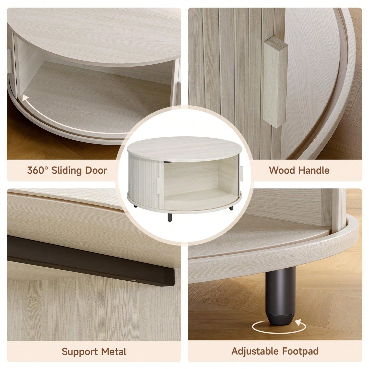 ONBRILL White Round Coffee Table With Storage, 31.5" Coffee Table With 360° Sliding Tambour Door, Fluted Wood Accent Coffee Table With Adjustable Footpads, Mid Century Modern Round Center Table For Li