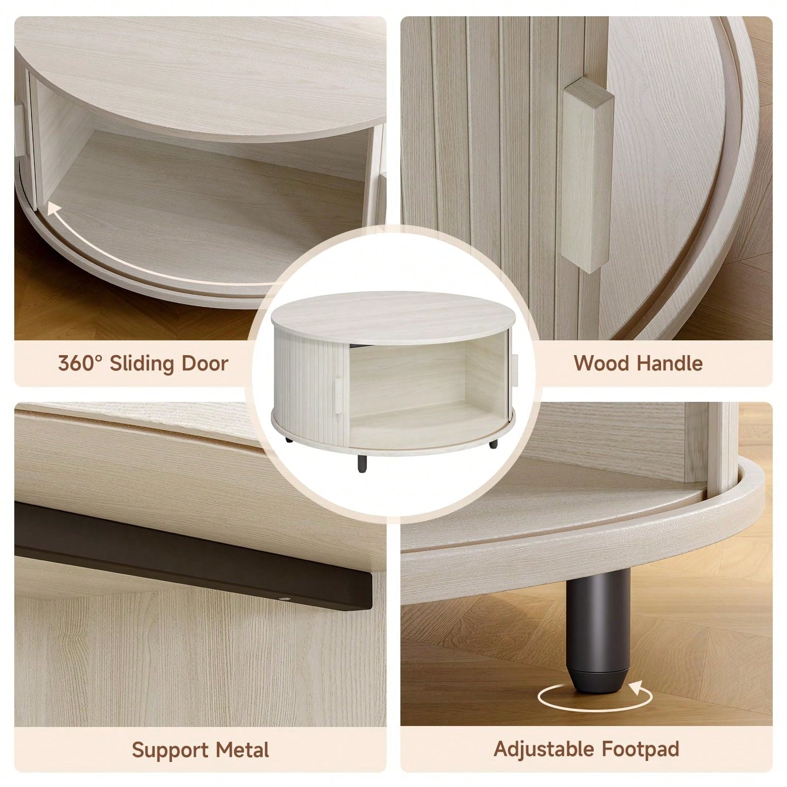 ONBRILL White Round Coffee Table With Storage, 31.5" Coffee Table With 360° Sliding Tambour Door, Fluted Wood Accent Coffee Table With Adjustable Footpads, Mid Century Modern Round Center Table For Li