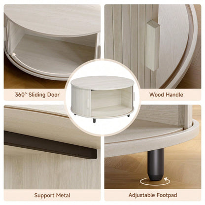 ONBRILL White Round Coffee Table With Storage, 31.5" Coffee Table With 360° Sliding Tambour Door, Fluted Wood Accent Coffee Table With Adjustable Footpads, Mid Century Modern Round Center Table For Li