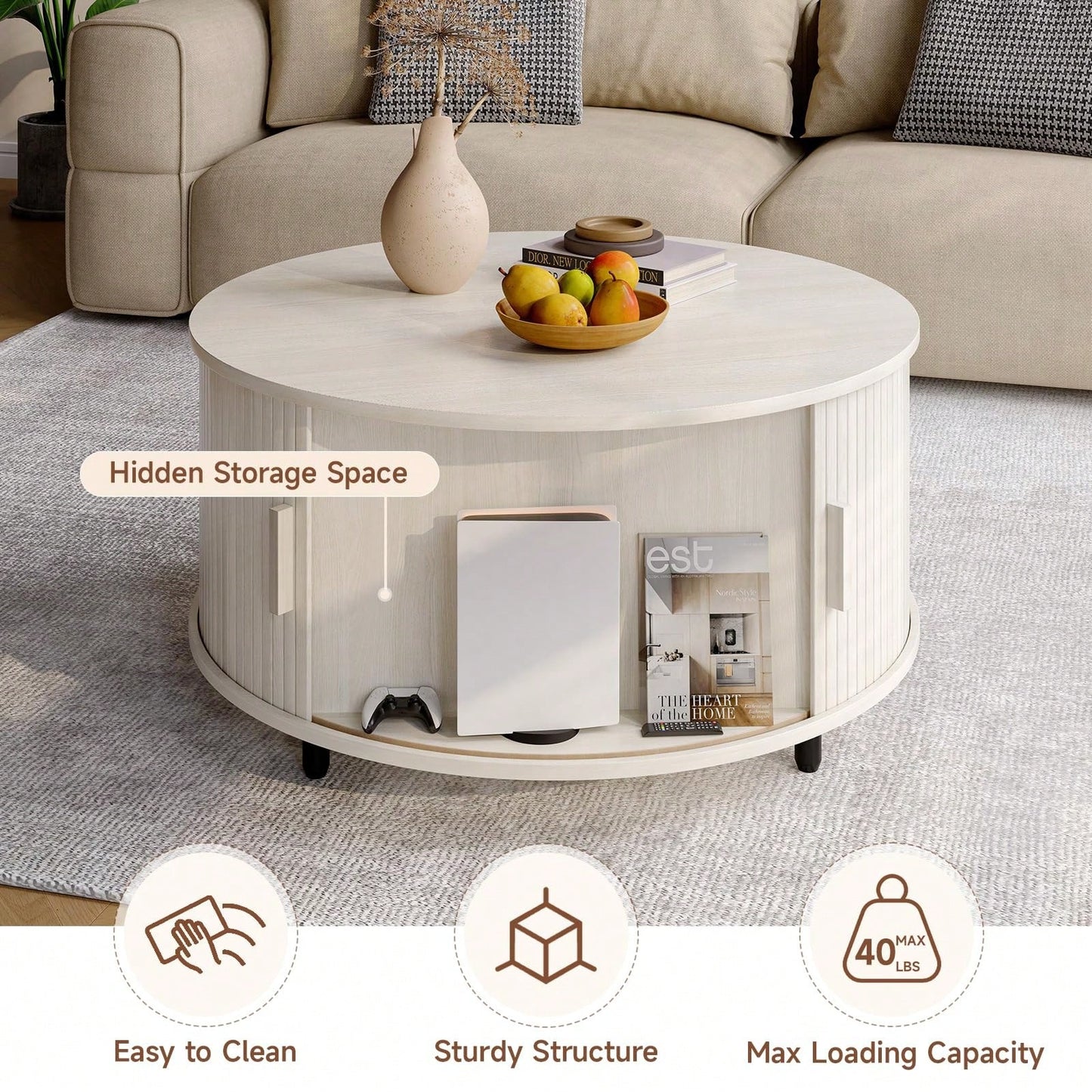 ONBRILL White Round Coffee Table With Storage, 31.5" Coffee Table With 360° Sliding Tambour Door, Fluted Wood Accent Coffee Table With Adjustable Footpads, Mid Century Modern Round Center Table For Li