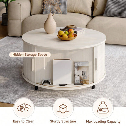 ONBRILL White Round Coffee Table With Storage, 31.5" Coffee Table With 360° Sliding Tambour Door, Fluted Wood Accent Coffee Table With Adjustable Footpads, Mid Century Modern Round Center Table For Li