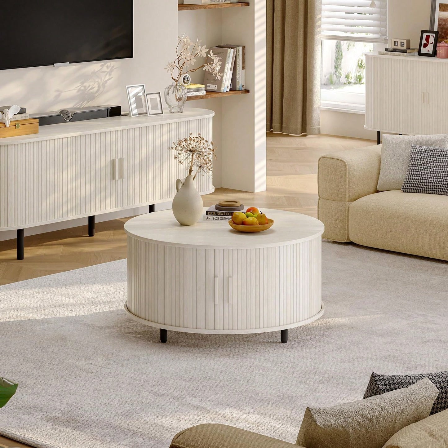 ONBRILL White Round Coffee Table With Storage, 31.5" Coffee Table With 360° Sliding Tambour Door, Fluted Wood Accent Coffee Table With Adjustable Footpads, Mid Century Modern Round Center Table For Li