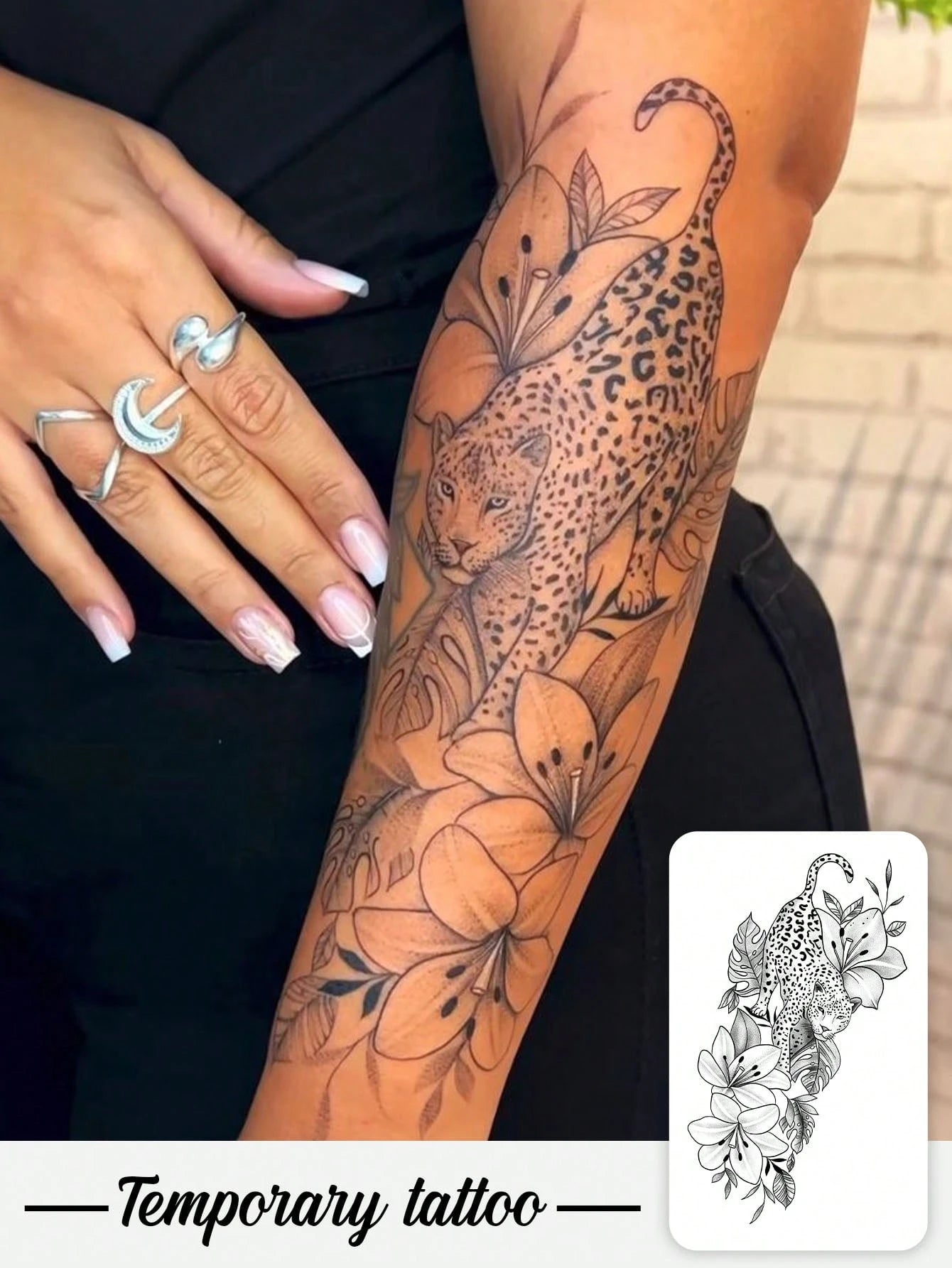 One Temporary Temporary Tattoo Sticker Featuring A Powerful Leopard Design Paired With Tropical Floral And Botanical Patterns. Waterproof And Sweatproof, Washable, And Non-Reflective. This Product Is