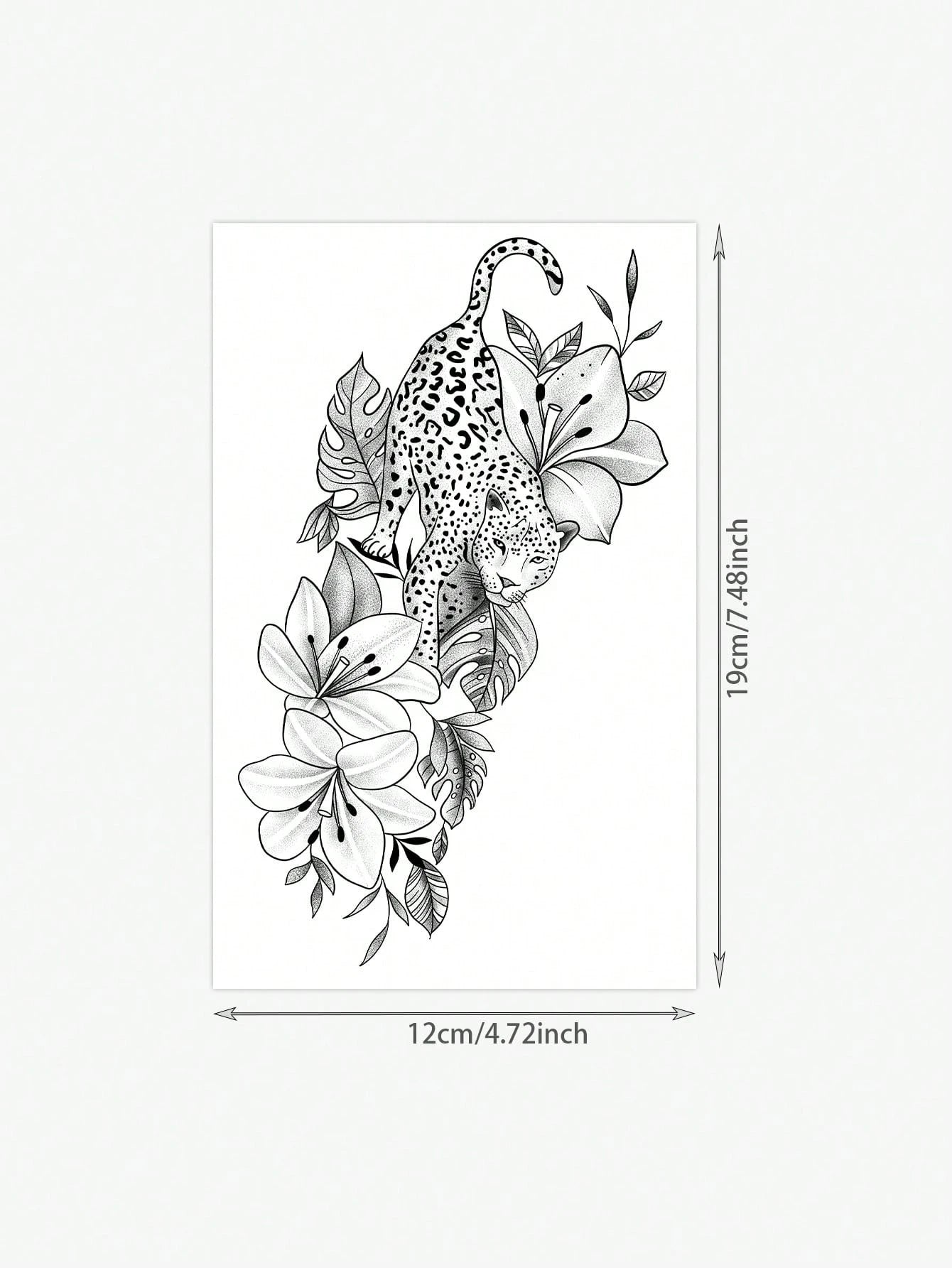 One Temporary Temporary Tattoo Sticker Featuring A Powerful Leopard Design Paired With Tropical Floral And Botanical Patterns. Waterproof And Sweatproof, Washable, And Non-Reflective. This Product Is