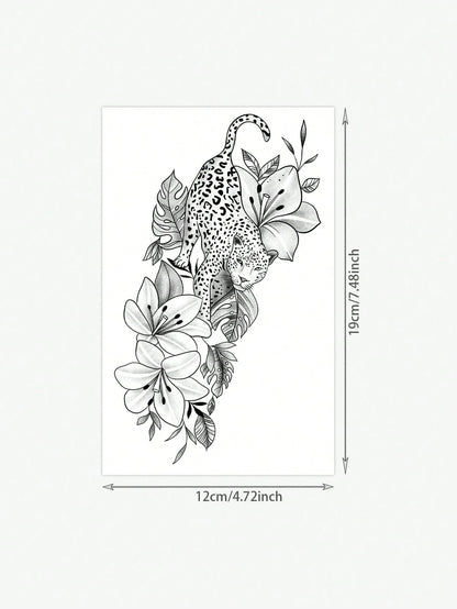 One Temporary Temporary Tattoo Sticker Featuring A Powerful Leopard Design Paired With Tropical Floral And Botanical Patterns. Waterproof And Sweatproof, Washable, And Non-Reflective. This Product Is
