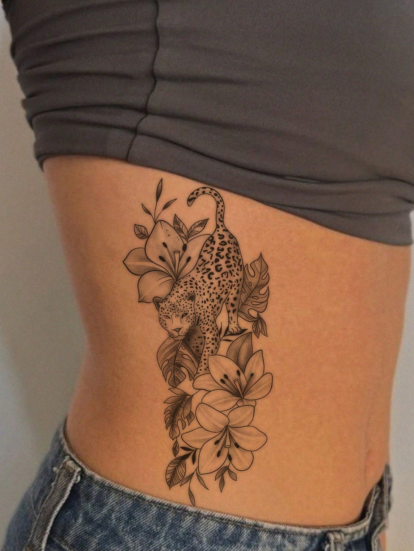 One Temporary Temporary Tattoo Sticker Featuring A Powerful Leopard Design Paired With Tropical Floral And Botanical Patterns. Waterproof And Sweatproof, Washable, And Non-Reflective. This Product Is