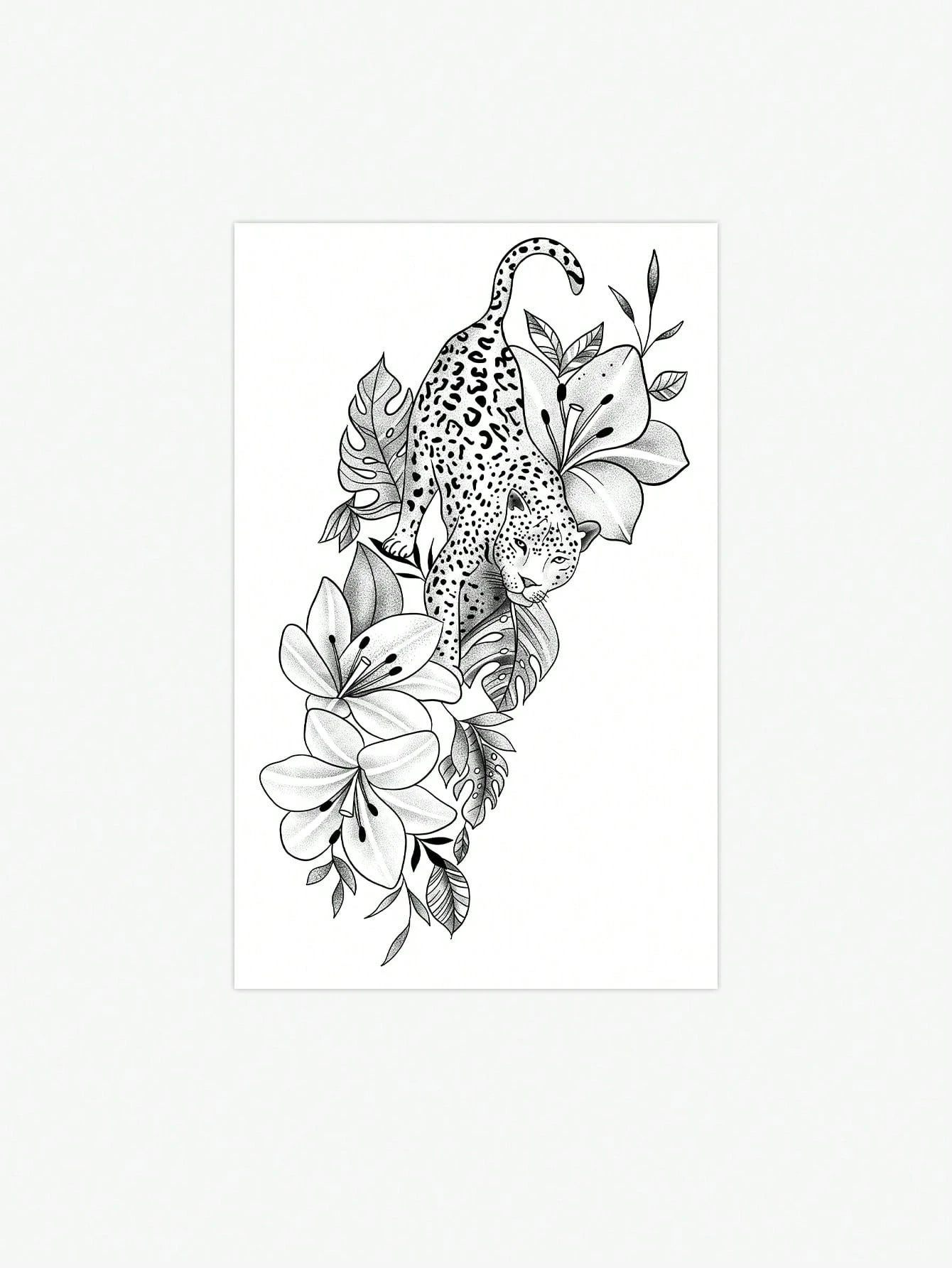 One Temporary Temporary Tattoo Sticker Featuring A Powerful Leopard Design Paired With Tropical Floral And Botanical Patterns. Waterproof And Sweatproof, Washable, And Non-Reflective. This Product Is