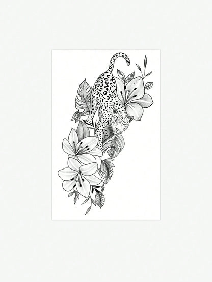 One Temporary Temporary Tattoo Sticker Featuring A Powerful Leopard Design Paired With Tropical Floral And Botanical Patterns. Waterproof And Sweatproof, Washable, And Non-Reflective. This Product Is