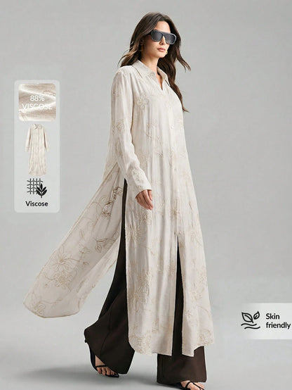 Ontre Beige,Summer,Elegant,Vacation, Al-Adha Women's Long Sleeve Blouse,Textured Fabric Button Closure Loose Fit Side Slit Long Shirt,Minimalist Fashion