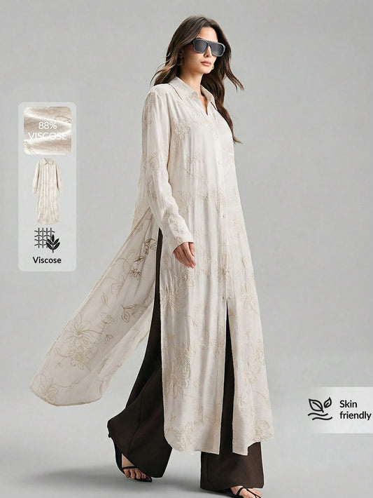 Ontre Beige,Summer,Elegant,Vacation, Al-Adha Women's Long Sleeve Blouse,Textured Fabric Button Closure Loose Fit Side Slit Long Shirt,Minimalist Fashion