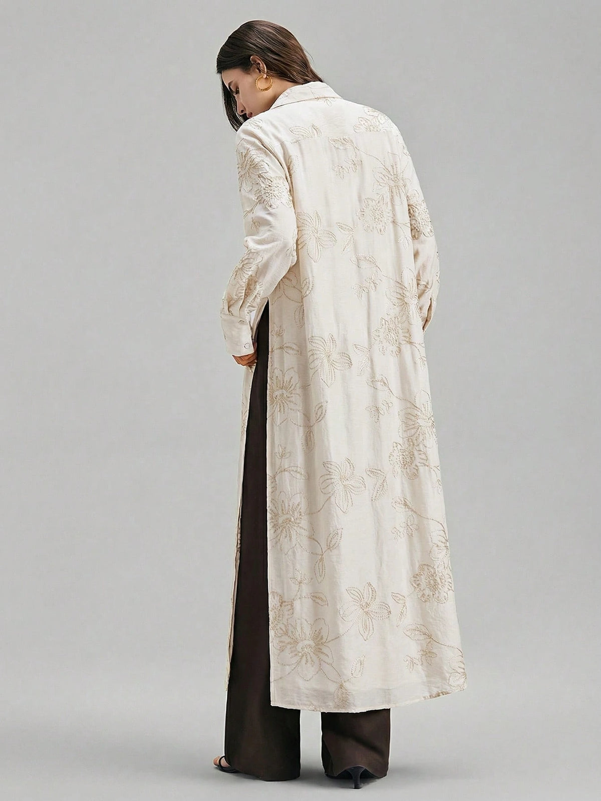 Ontre Beige,Summer,Elegant,Vacation, Al-Adha Women's Long Sleeve Blouse,Textured Fabric Button Closure Loose Fit Side Slit Long Shirt,Minimalist Fashion