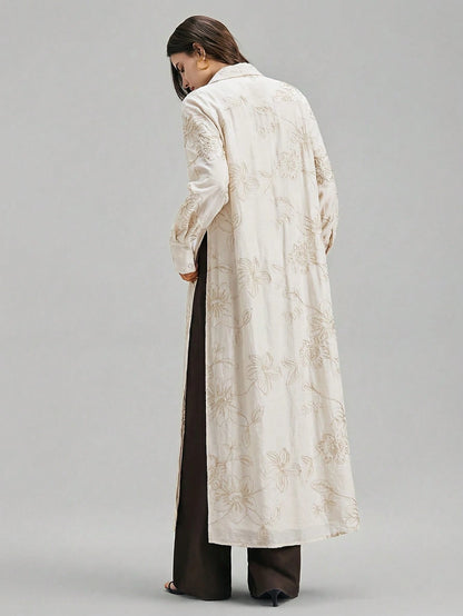 Ontre Beige,Summer,Elegant,Vacation, Al-Adha Women's Long Sleeve Blouse,Textured Fabric Button Closure Loose Fit Side Slit Long Shirt,Minimalist Fashion