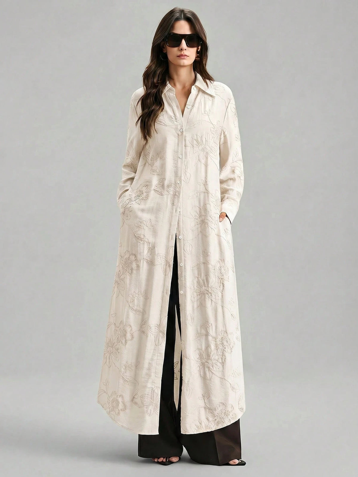 Ontre Beige,Summer,Elegant,Vacation, Al-Adha Women's Long Sleeve Blouse,Textured Fabric Button Closure Loose Fit Side Slit Long Shirt,Minimalist Fashion