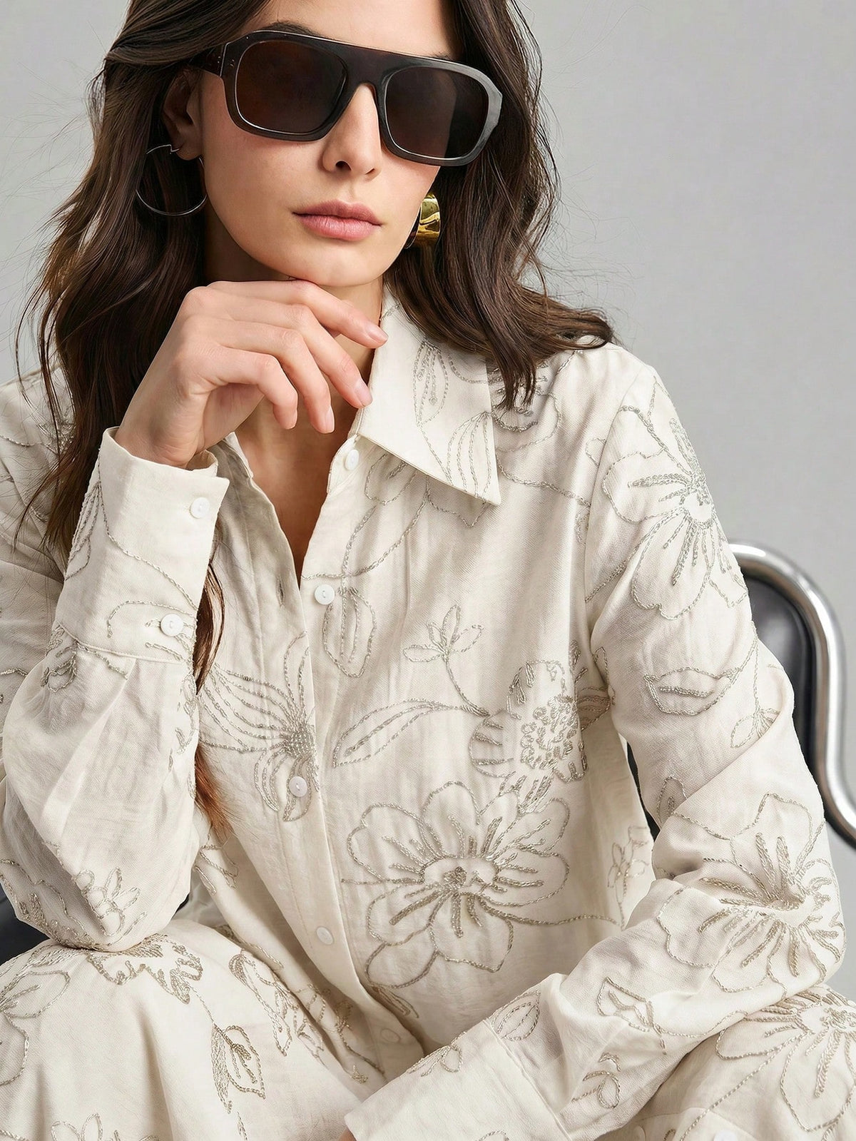 Ontre Beige,Summer,Elegant,Vacation, Al-Adha Women's Long Sleeve Blouse,Textured Fabric Button Closure Loose Fit Side Slit Long Shirt,Minimalist Fashion