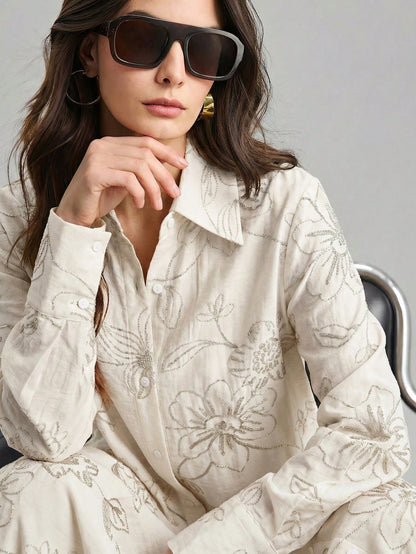 Ontre Beige,Summer,Elegant,Vacation, Al-Adha Women's Long Sleeve Blouse,Textured Fabric Button Closure Loose Fit Side Slit Long Shirt,Minimalist Fashion