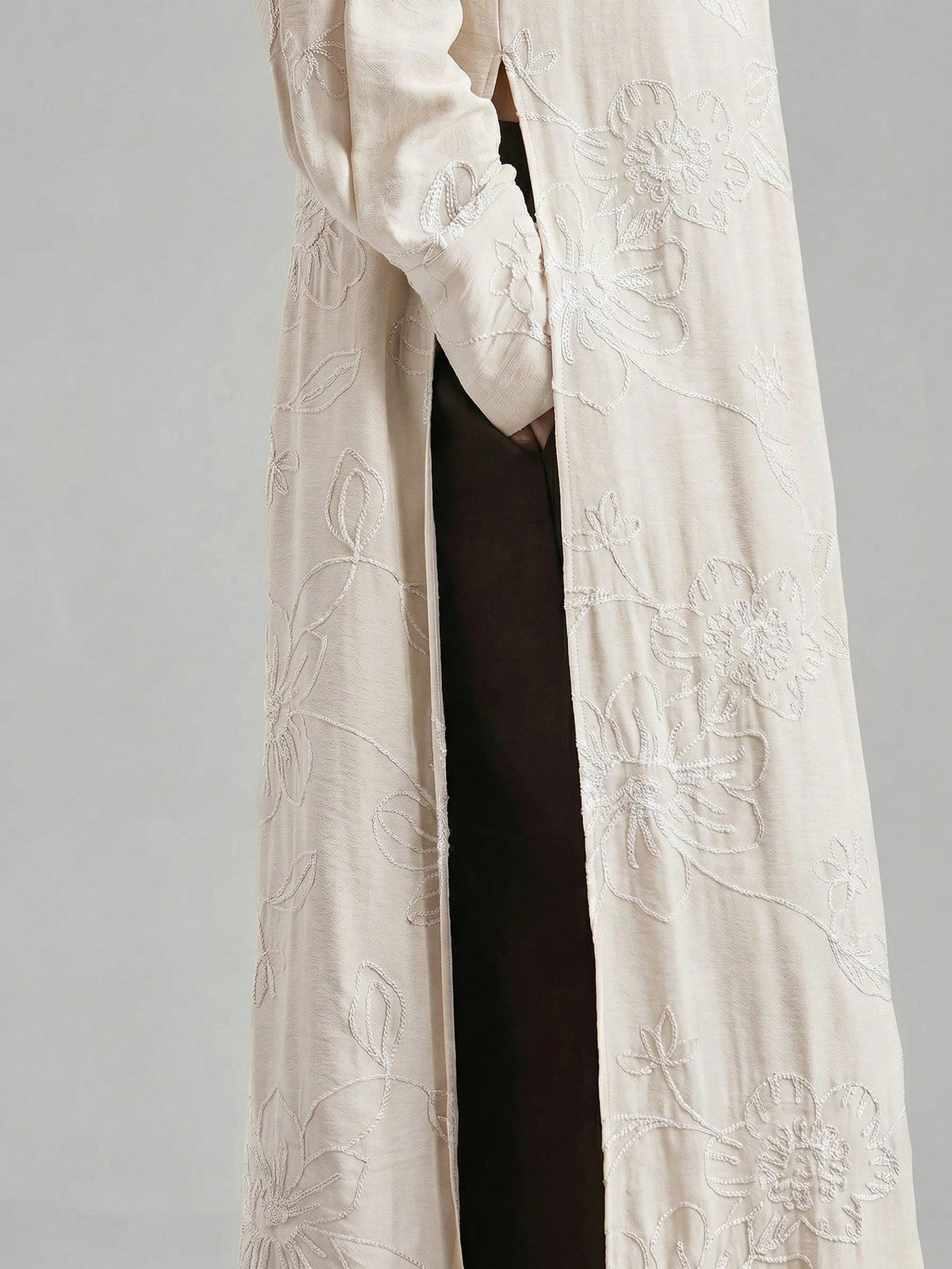Ontre Beige,Summer,Elegant,Vacation, Al-Adha Women's Long Sleeve Blouse,Textured Fabric Button Closure Loose Fit Side Slit Long Shirt,Minimalist Fashion