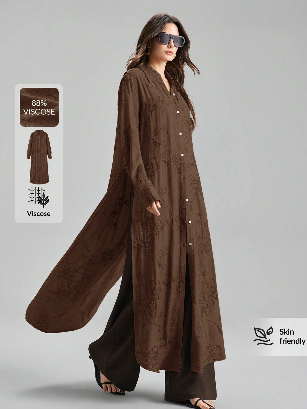 Ontre Beige,Summer,Elegant,Vacation, Al-Adha Women's Long Sleeve Blouse,Textured Fabric Button Closure Loose Fit Side Slit Long Shirt,Minimalist Fashion