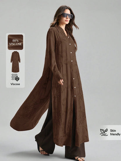Ontre Beige,Summer,Elegant,Vacation, Al-Adha Women's Long Sleeve Blouse,Textured Fabric Button Closure Loose Fit Side Slit Long Shirt,Minimalist Fashion
