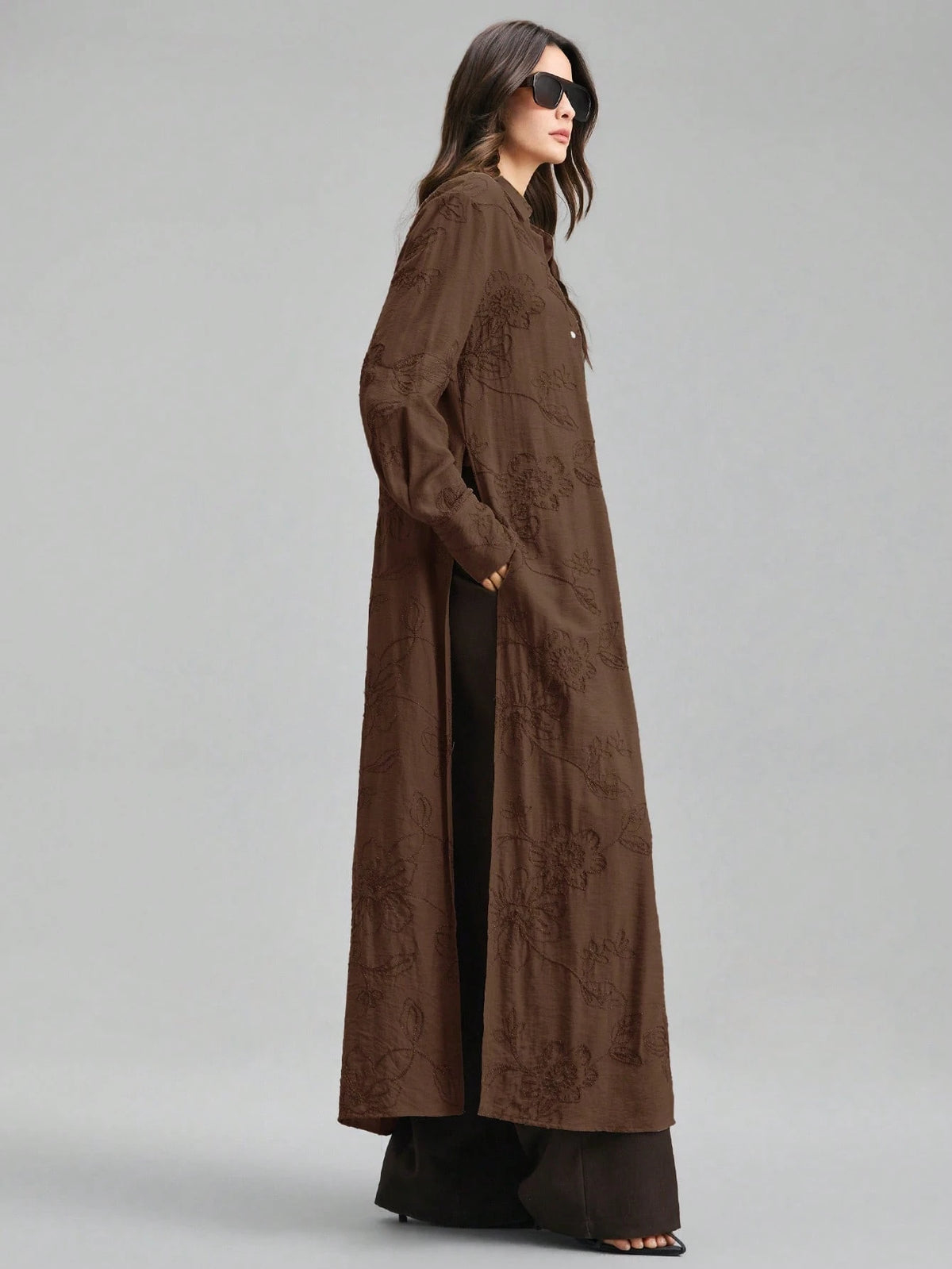 Ontre Beige,Summer,Elegant,Vacation, Al-Adha Women's Long Sleeve Blouse,Textured Fabric Button Closure Loose Fit Side Slit Long Shirt,Minimalist Fashion