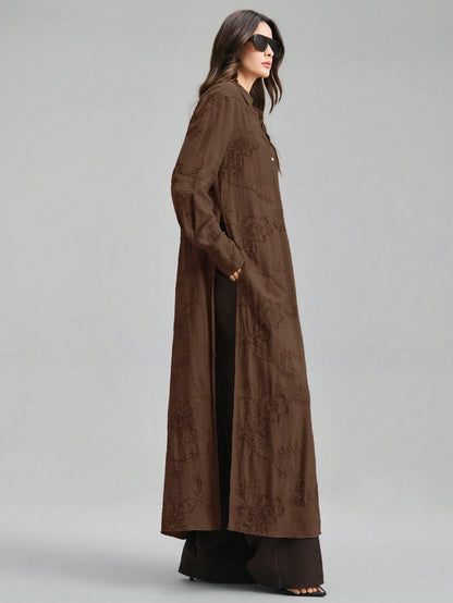 Ontre Beige,Summer,Elegant,Vacation, Al-Adha Women's Long Sleeve Blouse,Textured Fabric Button Closure Loose Fit Side Slit Long Shirt,Minimalist Fashion