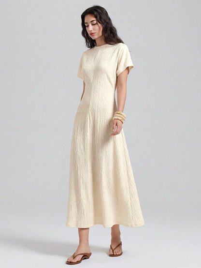 Ontre Women's White Summer Casual Vacation Cream Textured Fabric High Elasticity Loose Fit Short Sleeve Gathered Waist A-Line Long Dress,Minimalist Outfit
