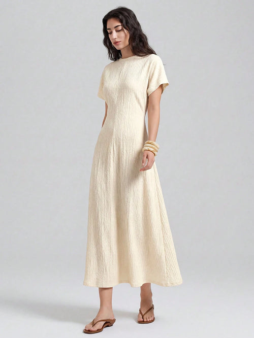 Ontre Women's White Summer Casual Vacation Cream Textured Fabric High Elasticity Loose Fit Short Sleeve Gathered Waist A-Line Long Dress,Minimalist Outfit