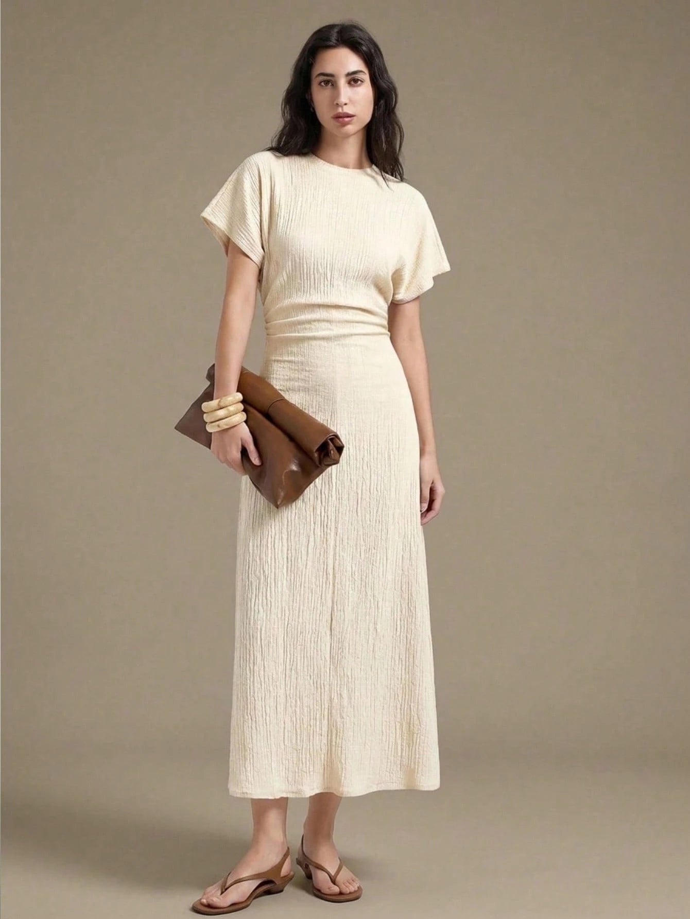 Ontre Women's White Summer Casual Vacation Cream Textured Fabric High Elasticity Loose Fit Short Sleeve Gathered Waist A-Line Long Dress,Minimalist Outfit