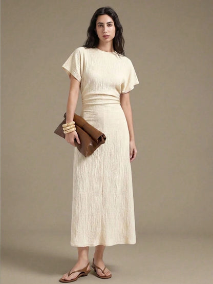 Ontre Women's White Summer Casual Vacation Cream Textured Fabric High Elasticity Loose Fit Short Sleeve Gathered Waist A-Line Long Dress,Minimalist Outfit
