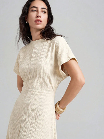 Ontre Women's White Summer Casual Vacation Cream Textured Fabric High Elasticity Loose Fit Short Sleeve Gathered Waist A-Line Long Dress,Minimalist Outfit