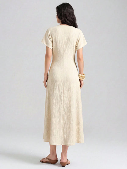 Ontre Women's White Summer Casual Vacation Cream Textured Fabric High Elasticity Loose Fit Short Sleeve Gathered Waist A-Line Long Dress,Minimalist Outfit