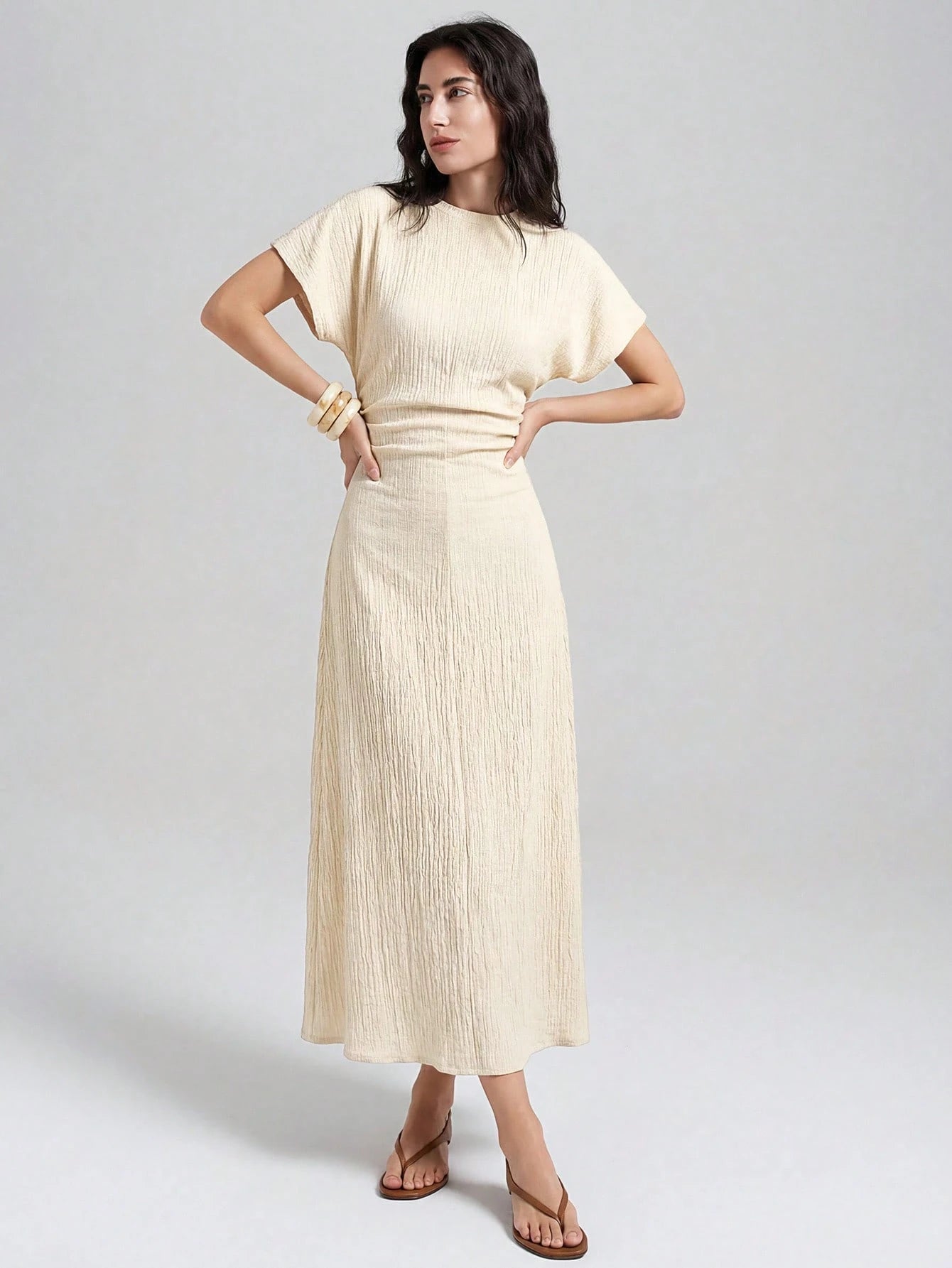 Ontre Women's White Summer Casual Vacation Cream Textured Fabric High Elasticity Loose Fit Short Sleeve Gathered Waist A-Line Long Dress,Minimalist Outfit