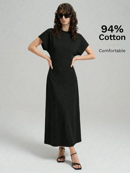 Ontre Women's White Summer Casual Vacation Cream Textured Fabric High Elasticity Loose Fit Short Sleeve Gathered Waist A-Line Long Dress,Minimalist Outfit