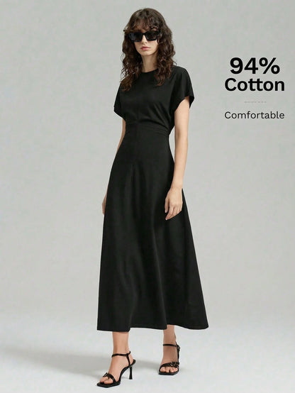 Ontre Women's White Summer Casual Vacation Cream Textured Fabric High Elasticity Loose Fit Short Sleeve Gathered Waist A-Line Long Dress,Minimalist Outfit