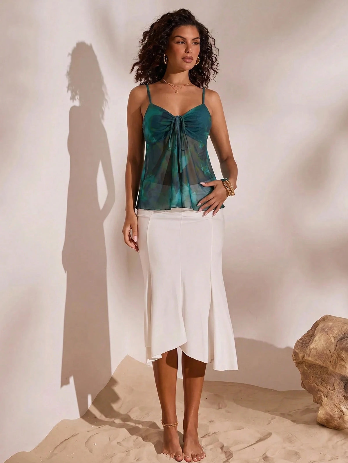 Opulessa Spring/Summer Vacation Knit Mesh Print Camisole Tank Top For Women