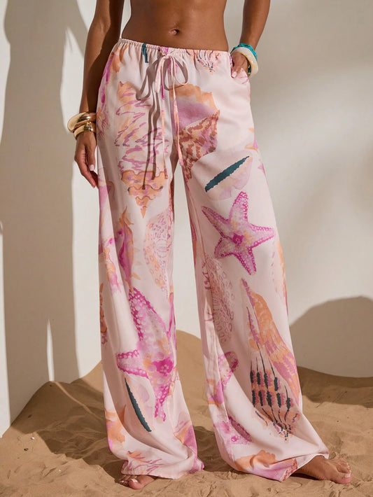 Opulessa Summer Spring Elegant Casual Going Out Beach Vacation Printed Loose Women's Pants, Elegant Seashell Print, Spring Summer Vacation