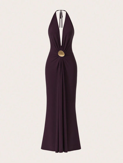 Opulessa Women's Dark Purple Summer Elegant Sexy Party Dinner Knit Backless Dress Metal Bucket Gathered Umbrella Hem Maxi Mermaid Dress Wedding Guest Outfits