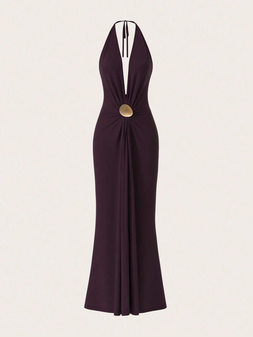 Opulessa Women's Dark Purple Summer Elegant Sexy Party Dinner Knit Backless Dress Metal Bucket Gathered Umbrella Hem Maxi Mermaid Dress Wedding Guest Outfits