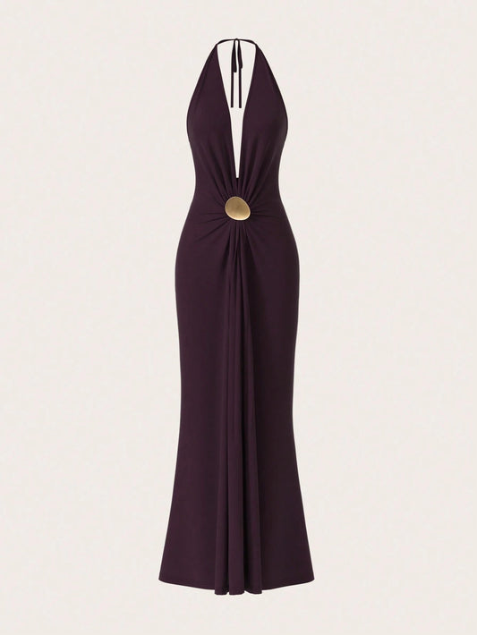 Opulessa Women's Dark Purple Summer Elegant Sexy Party Dinner Knit Backless Dress Metal Bucket Gathered Umbrella Hem Maxi Mermaid Dress Wedding Guest Outfits