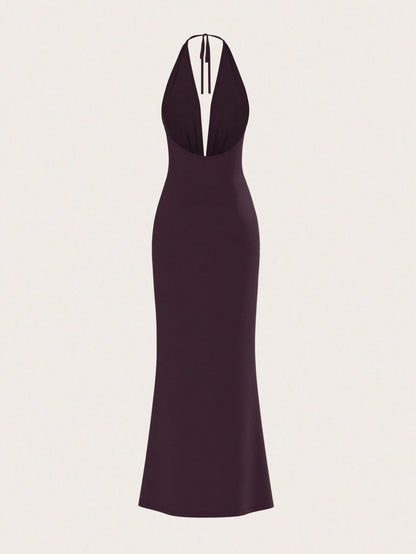 Opulessa Women's Dark Purple Summer Elegant Sexy Party Dinner Knit Backless Dress Metal Bucket Gathered Umbrella Hem Maxi Mermaid Dress Wedding Guest Outfits