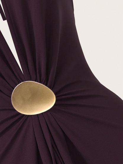 Opulessa Women's Dark Purple Summer Elegant Sexy Party Dinner Knit Backless Dress Metal Bucket Gathered Umbrella Hem Maxi Mermaid Dress Wedding Guest Outfits