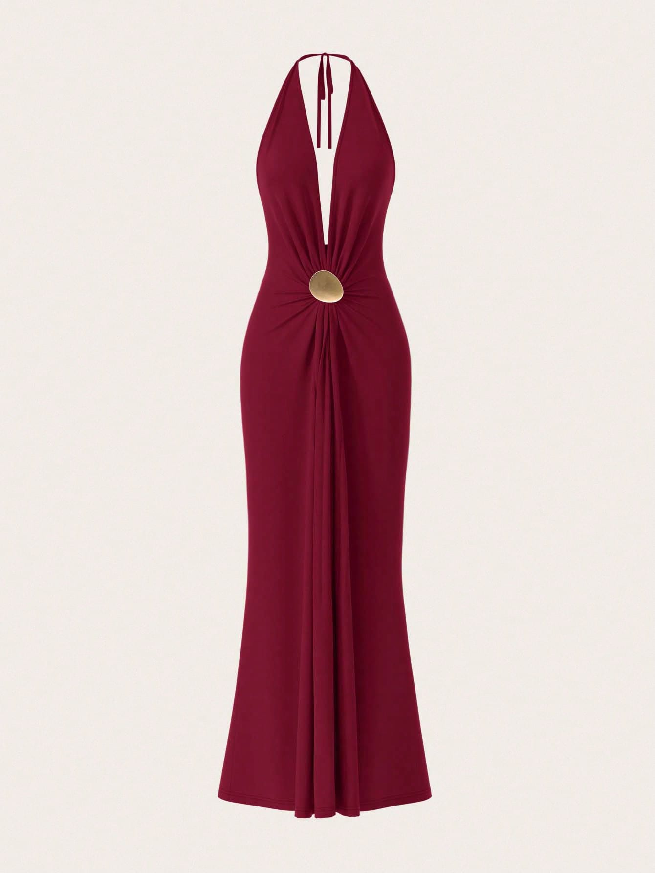 Opulessa Women's Dark Purple Summer Elegant Sexy Party Dinner Knit Backless Dress Metal Bucket Gathered Umbrella Hem Maxi Mermaid Dress Wedding Guest Outfits