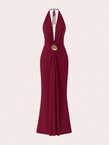 Opulessa Women's Dark Purple Summer Elegant Sexy Party Dinner Knit Backless Dress Metal Bucket Gathered Umbrella Hem Maxi Mermaid Dress Wedding Guest Outfits