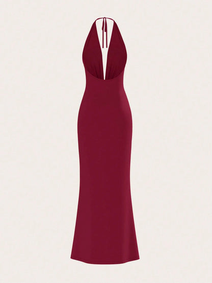 Opulessa Women's Dark Purple Summer Elegant Sexy Party Dinner Knit Backless Dress Metal Bucket Gathered Umbrella Hem Maxi Mermaid Dress Wedding Guest Outfits