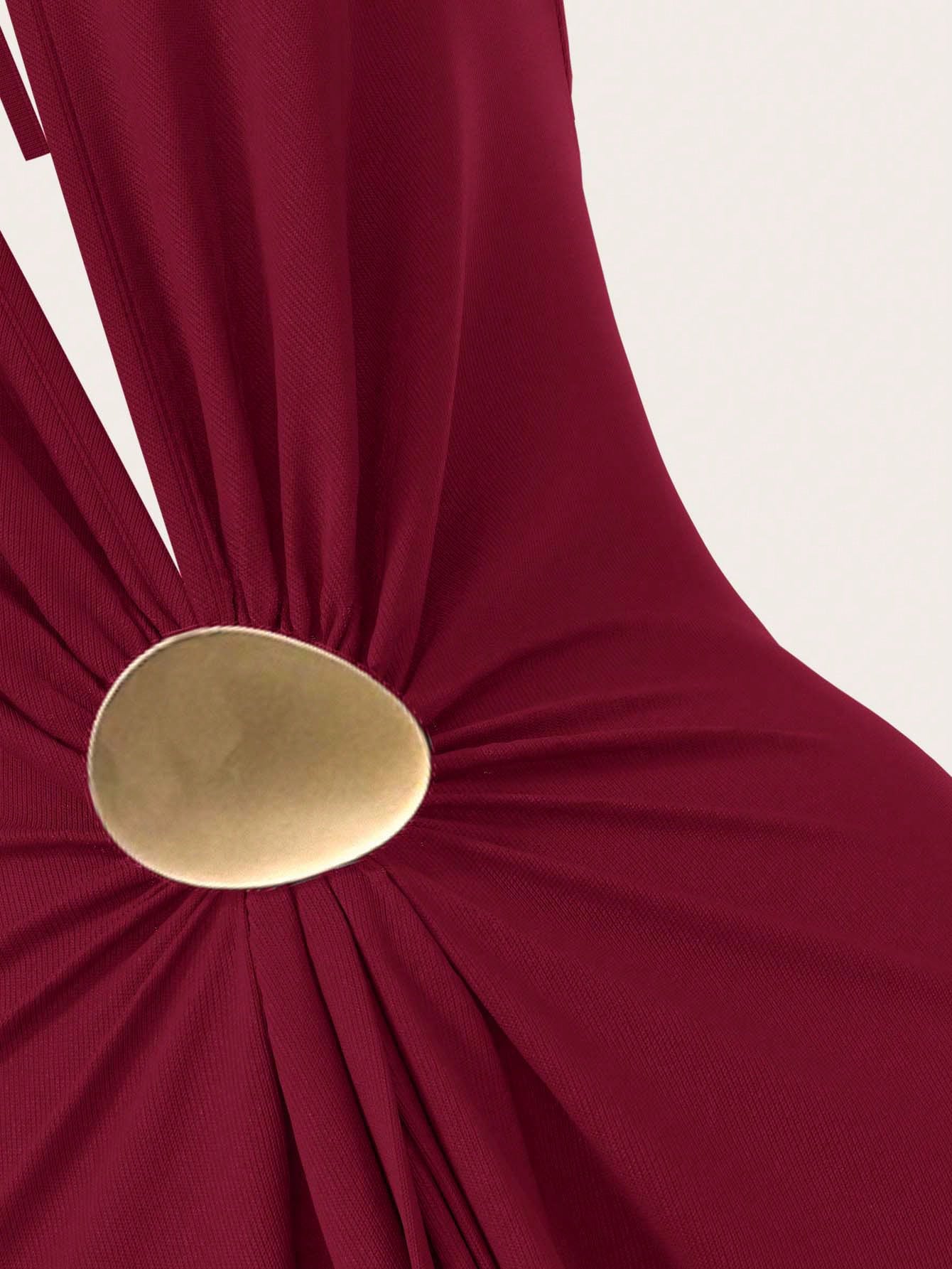 Opulessa Women's Dark Purple Summer Elegant Sexy Party Dinner Knit Backless Dress Metal Bucket Gathered Umbrella Hem Maxi Mermaid Dress Wedding Guest Outfits
