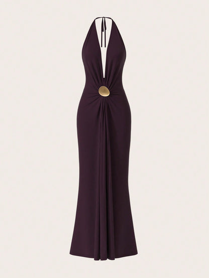 Opulessa Women's Dark Purple Summer Elegant Sexy Party Dinner Knit Backless Dress Metal Bucket Gathered Umbrella Hem Maxi Mermaid Dress Wedding Guest Outfits